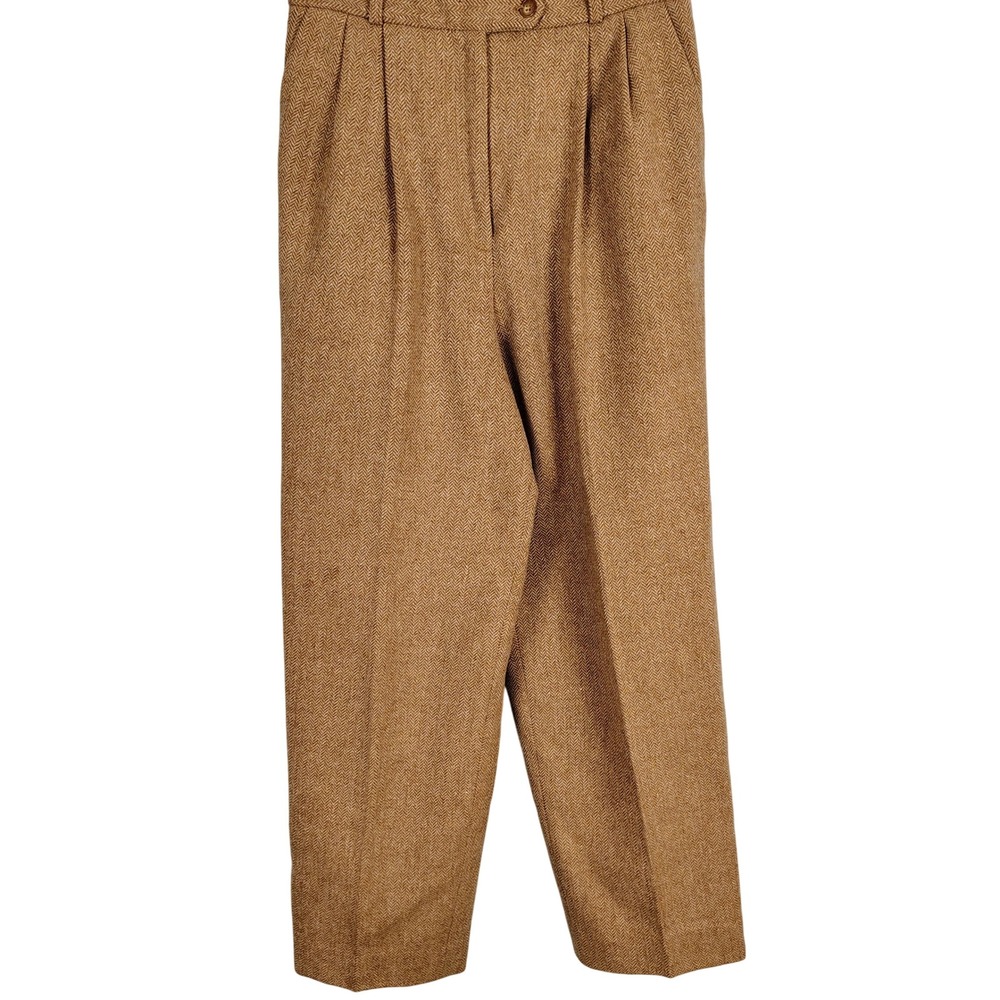 Talbots Vintage 100% Wool Herringbone Pleated Trousers Tan Brown Made in USA 8